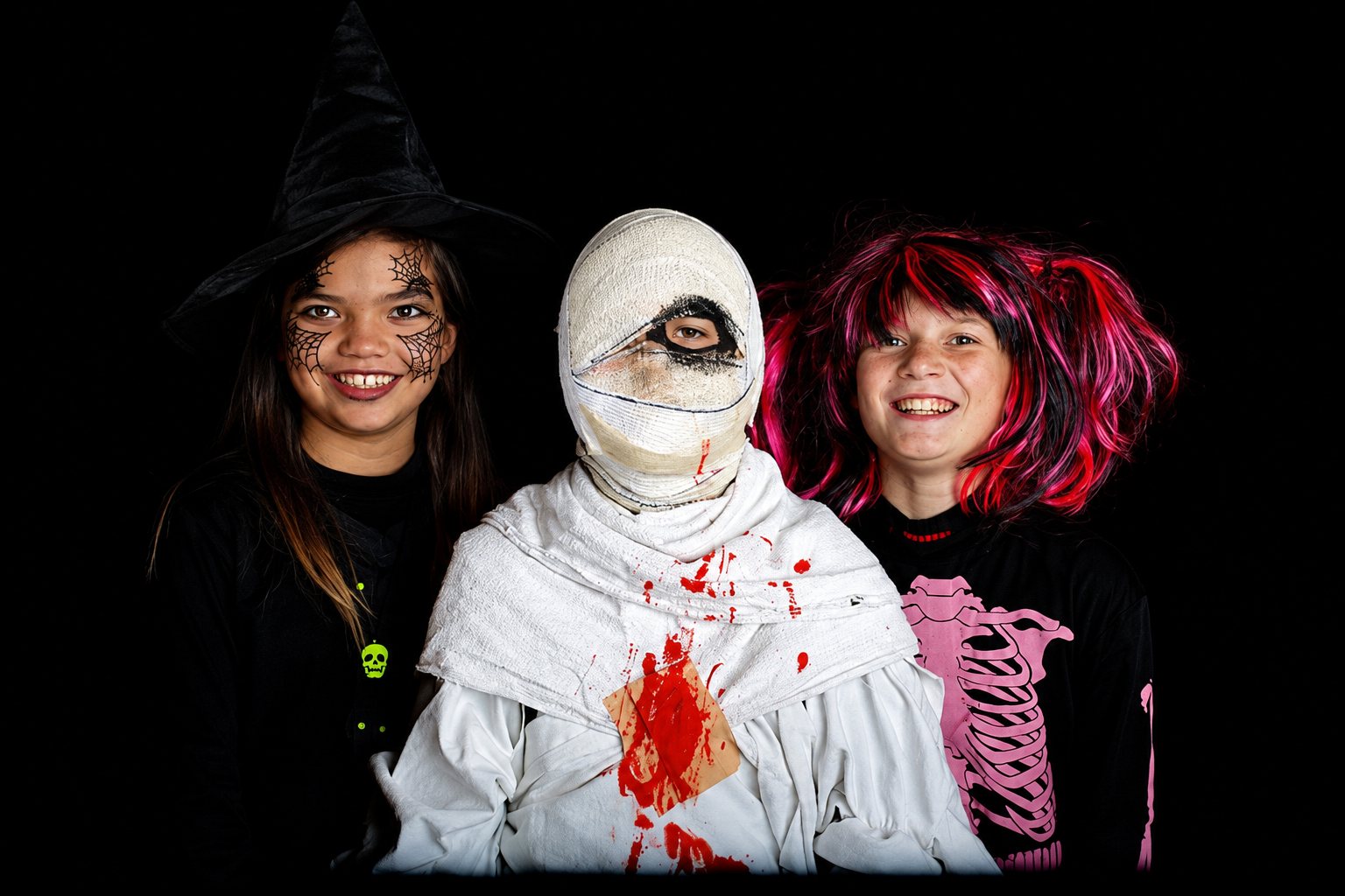 Trois enfants souriants déguisés pour Halloween : une sorcière maquillée d'une toile d'araignée, une momie ensanglantée et une fille à perruque rose et noire.