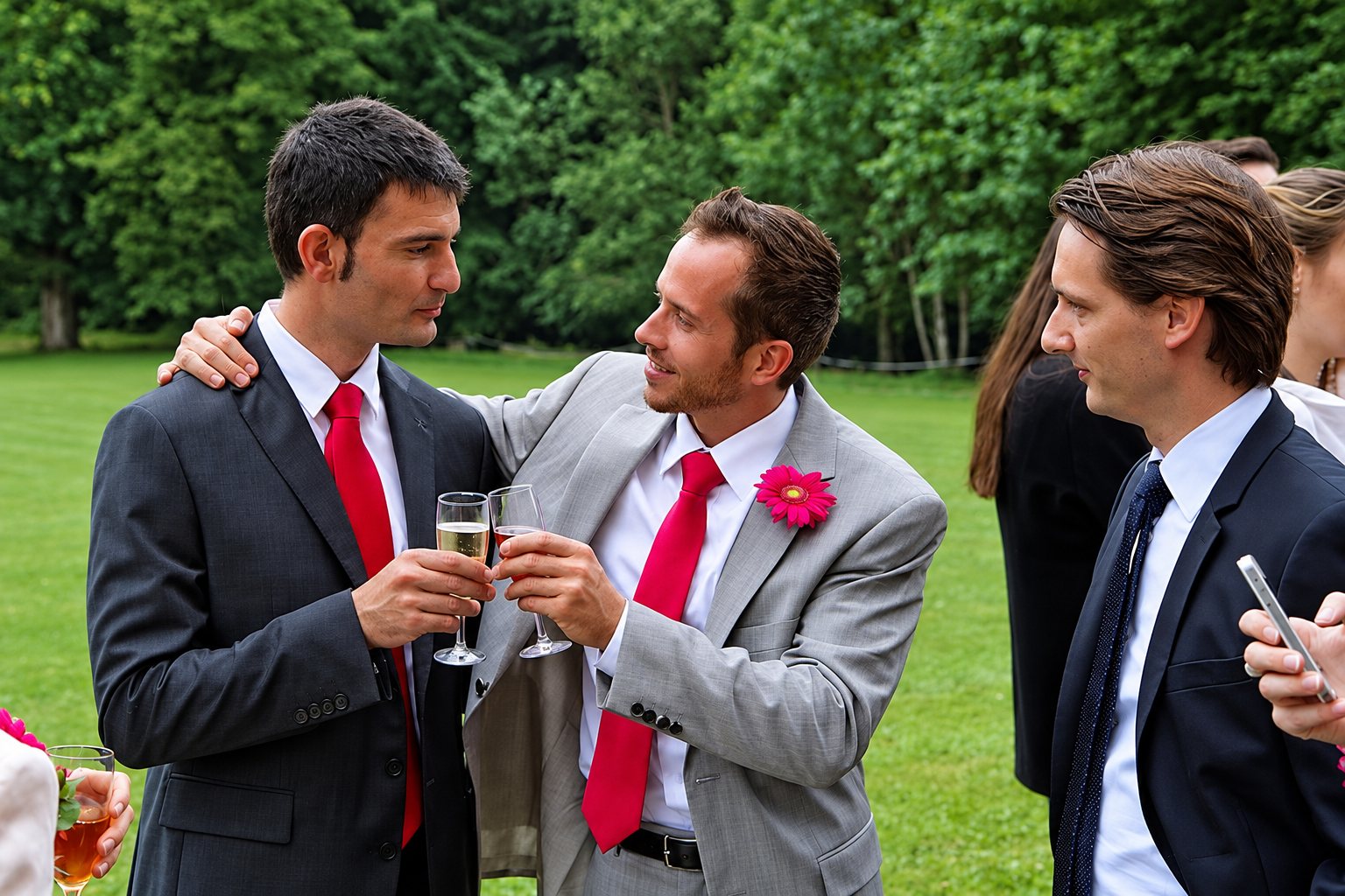 Deux hommes en costume et cravate rouge trinquent avec des coupes de champagne sur une pelouse, entourés d'invités, lors d'une fête en plein air.