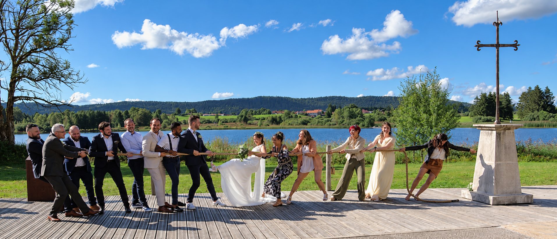 Des invités de mariage, hommes à gauche et femmes à droite, tirent sur une corde avec la mariée au centre, sur une terrasse en bois au bord d'un lac.