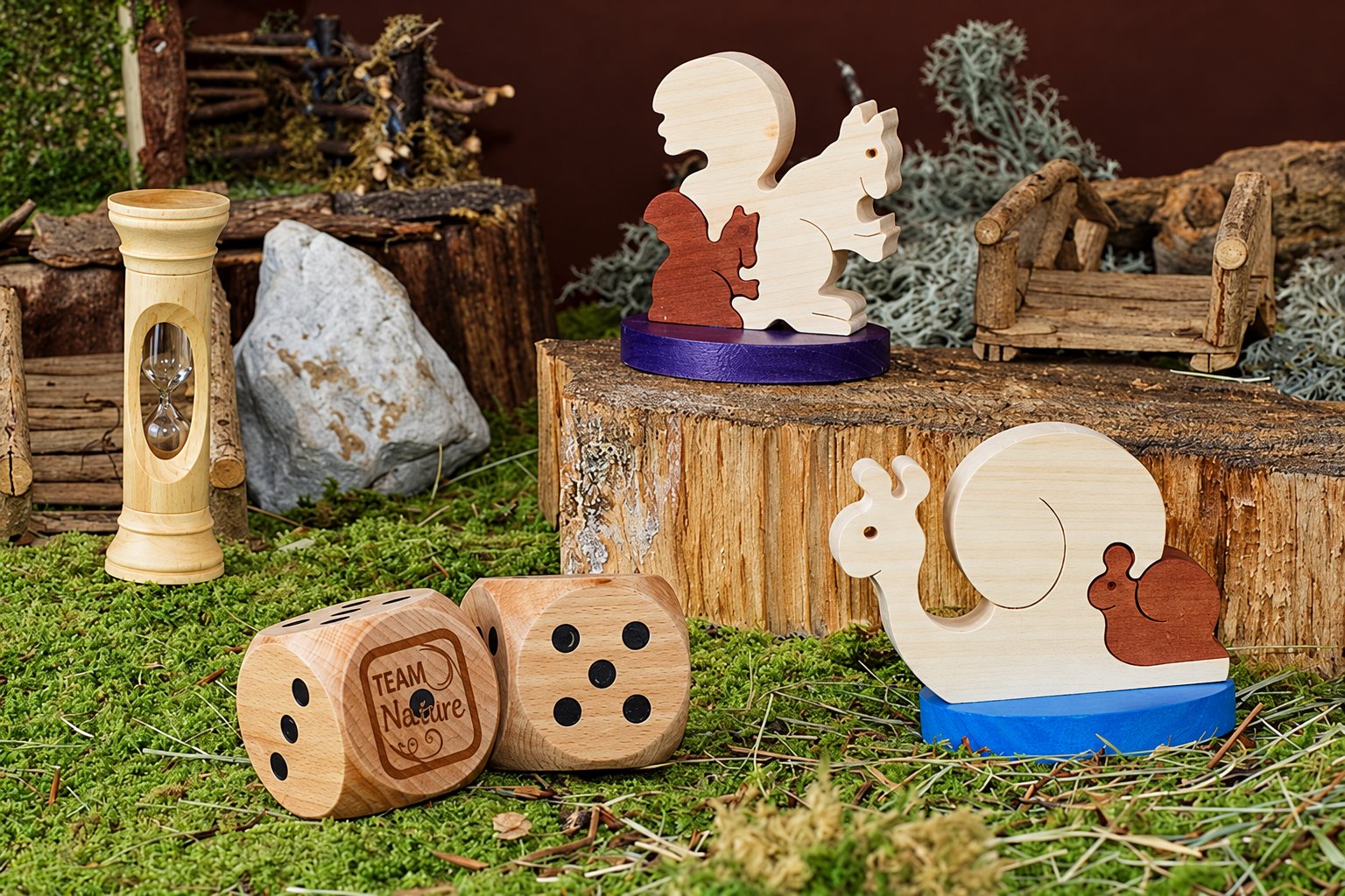 Des jouets en bois artisanaux, un écureuil, un escargot, deux gros dés et un sablier, sont disposés sur de la mousse et des souches dans un décor de sous-bois.