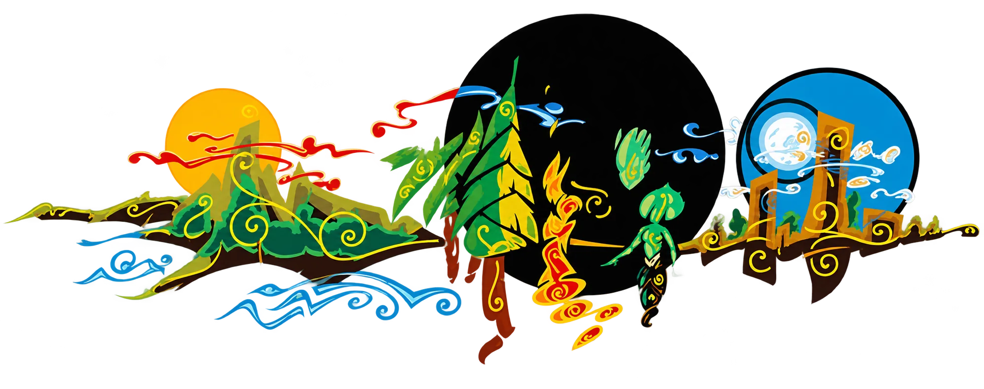 Peinture stylisée sur fond orange montrant un soleil, des collines, des sapins, une silhouette verte et deux disques, l'un noir et l'autre bleu avec une lune.