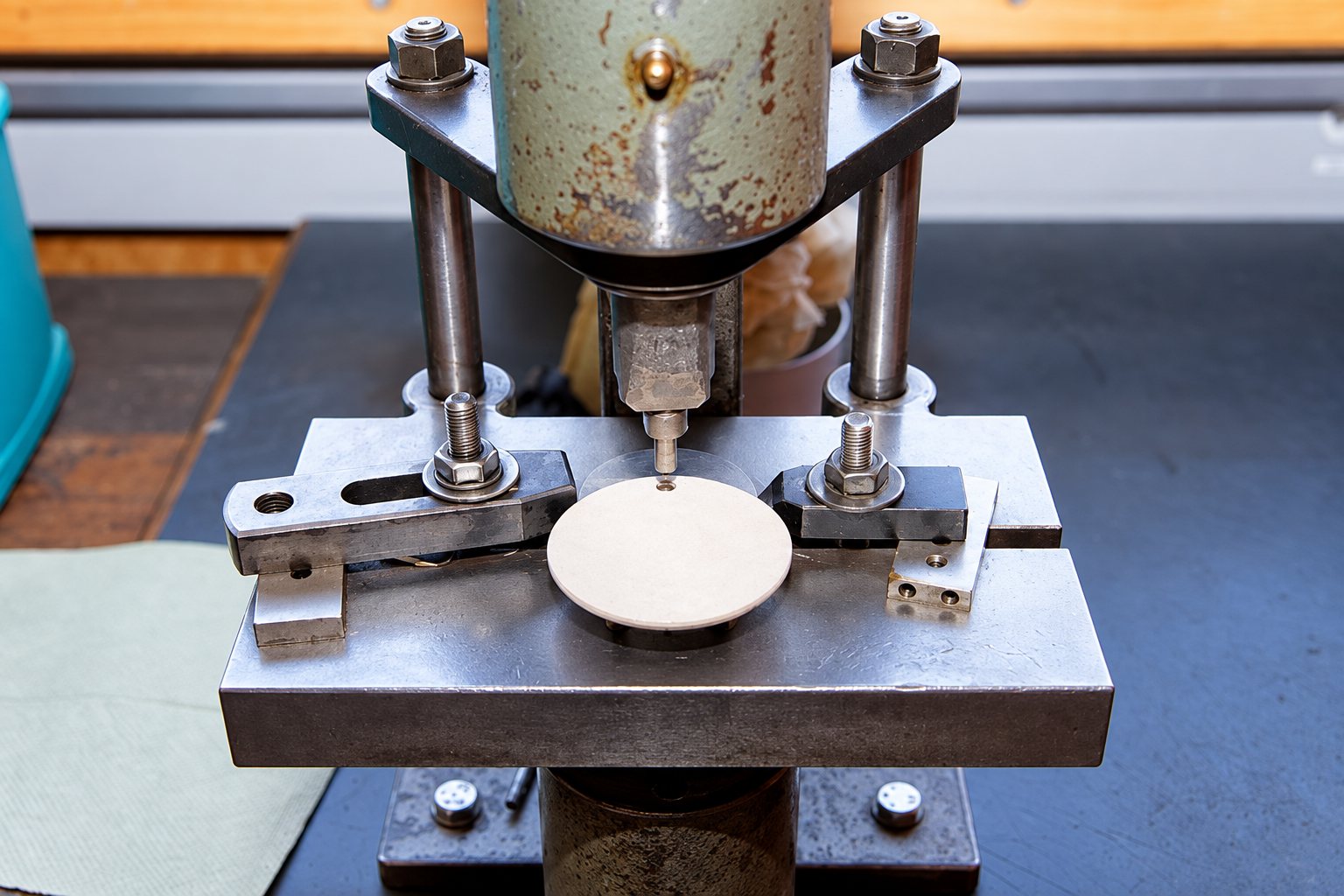 Une petite presse d'atelier en métal maintient un disque clair sous son outil de perçage, posée sur un établi sombre.