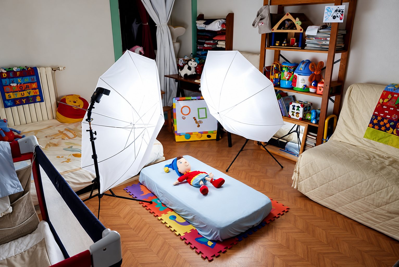 Une peluche Oui-Oui est posée sur un petit matelas bleu au centre d'une chambre d'enfant, éclairée par deux parapluies de studio blancs.